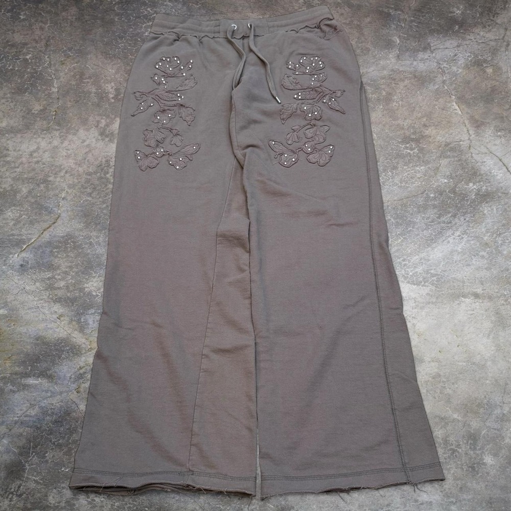 Vintage Halo Brown Baggy Fleece Floral Embroidered Sweatpants Women's Large Y2K
